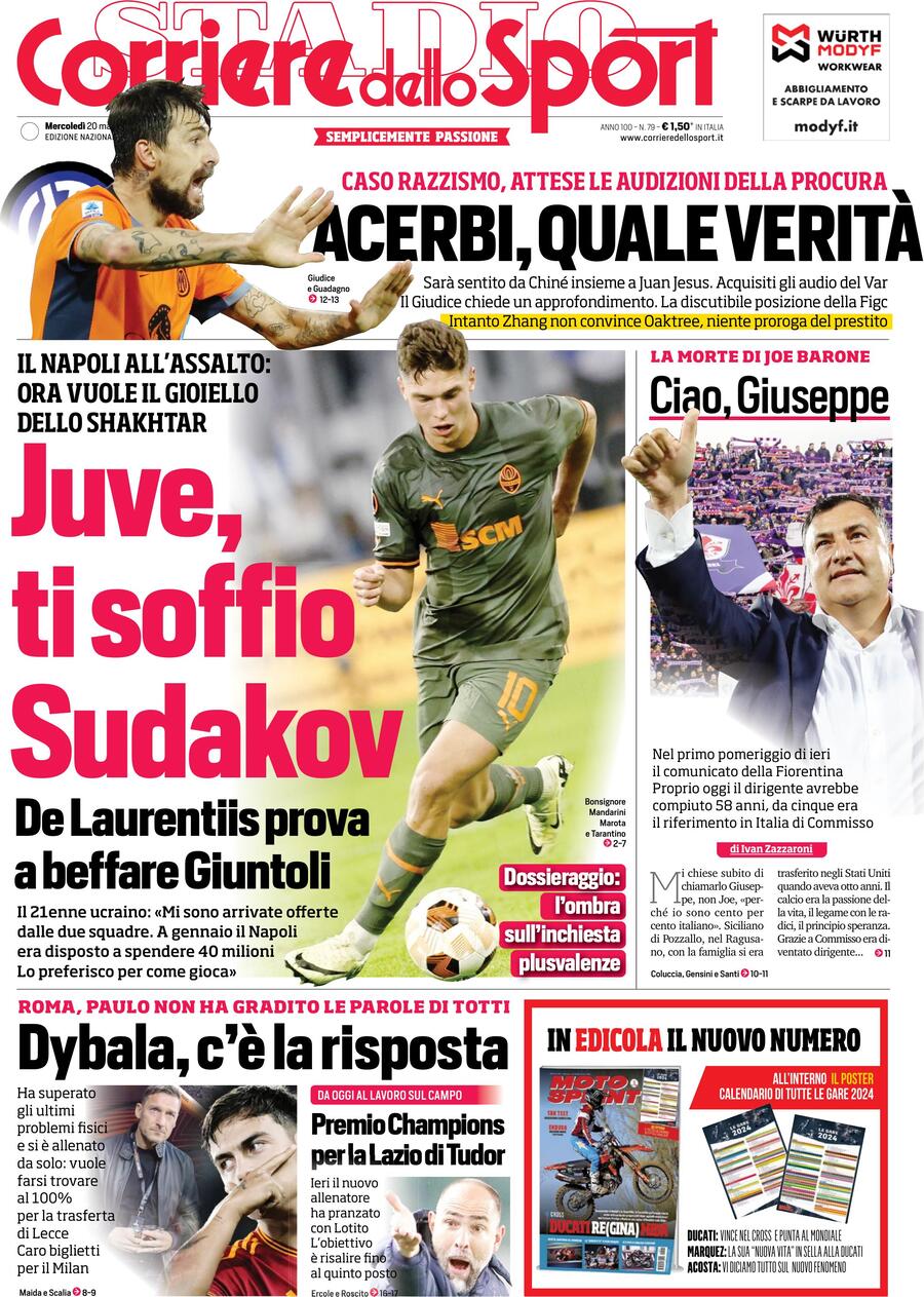 Corriere dello Sport prima pagina di oggi 
            Edizione di Oggi, Mercoledì 20 Marzo 2024