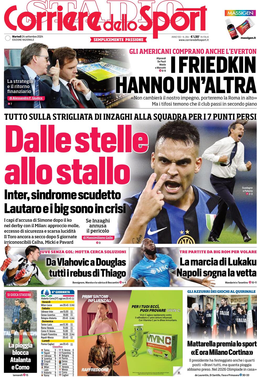 Corriere dello Sport prima pagina 
            Edizione di Oggi, Martedì 24 Settembre 2024