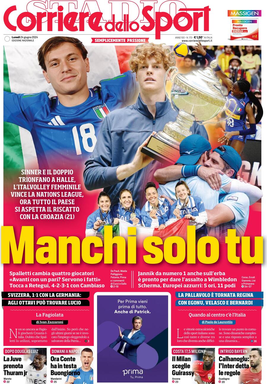 Corriere dello Sport: Prima Pagina di Oggi, Lunedì 24 Giugno 2024