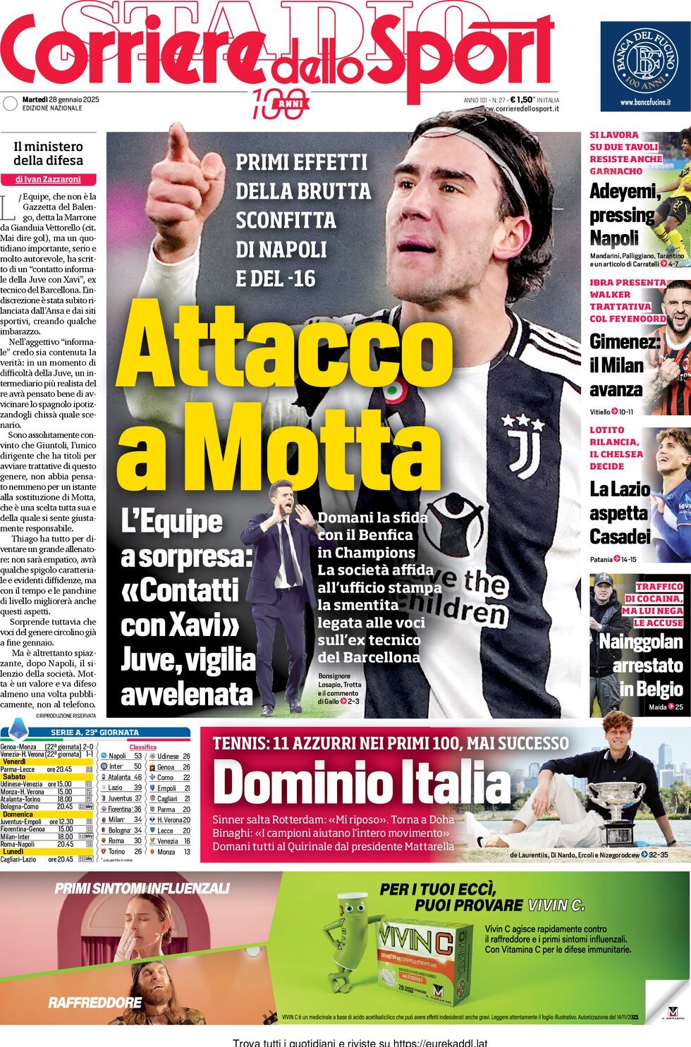 Corriere dello Sport prima pagina 
            Edizione di Oggi, Martedì 28 Gennaio 2025