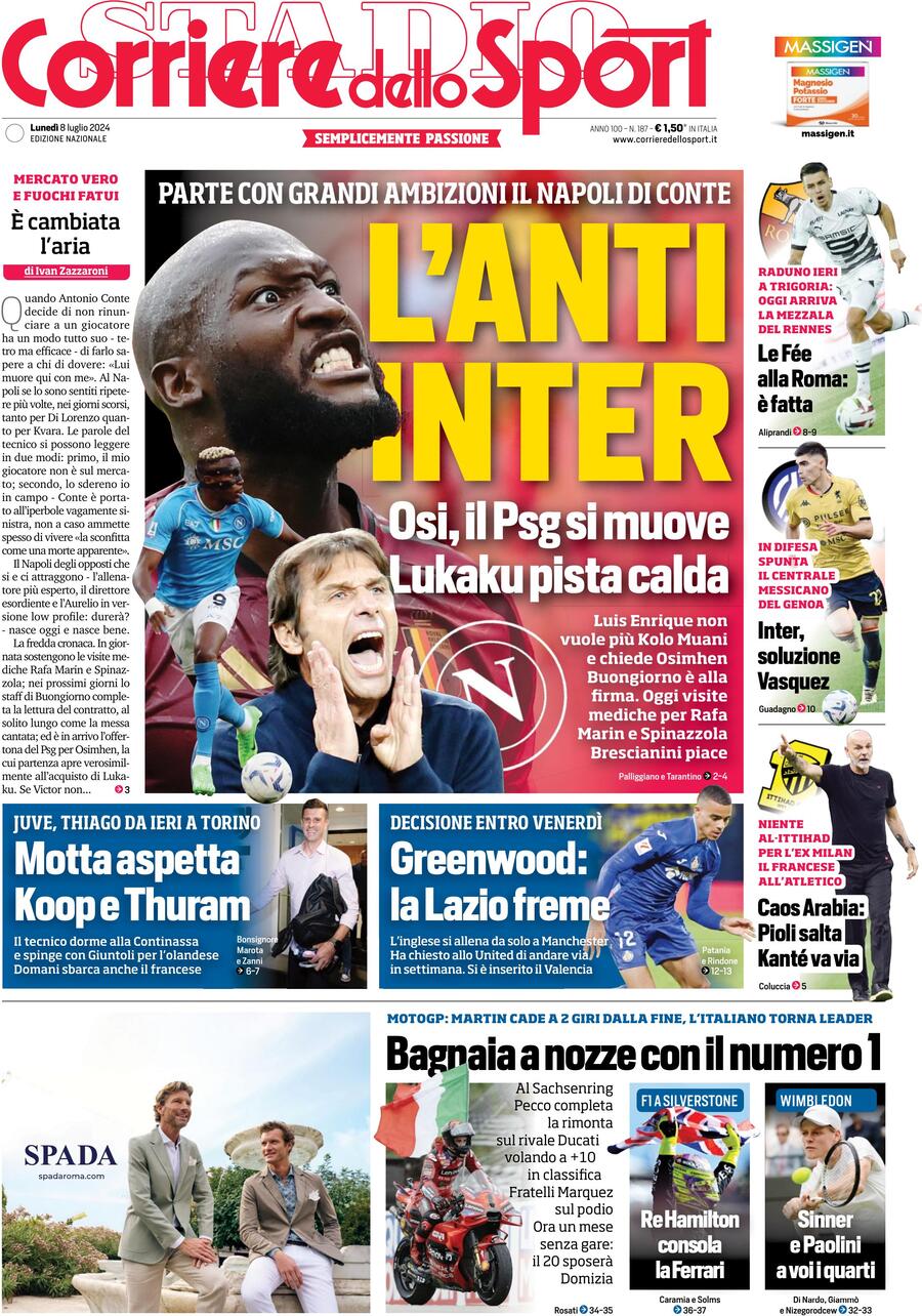 Corriere dello Sport Prima Pagina – Edizione di Oggi, Lunedì 08 Luglio 2024