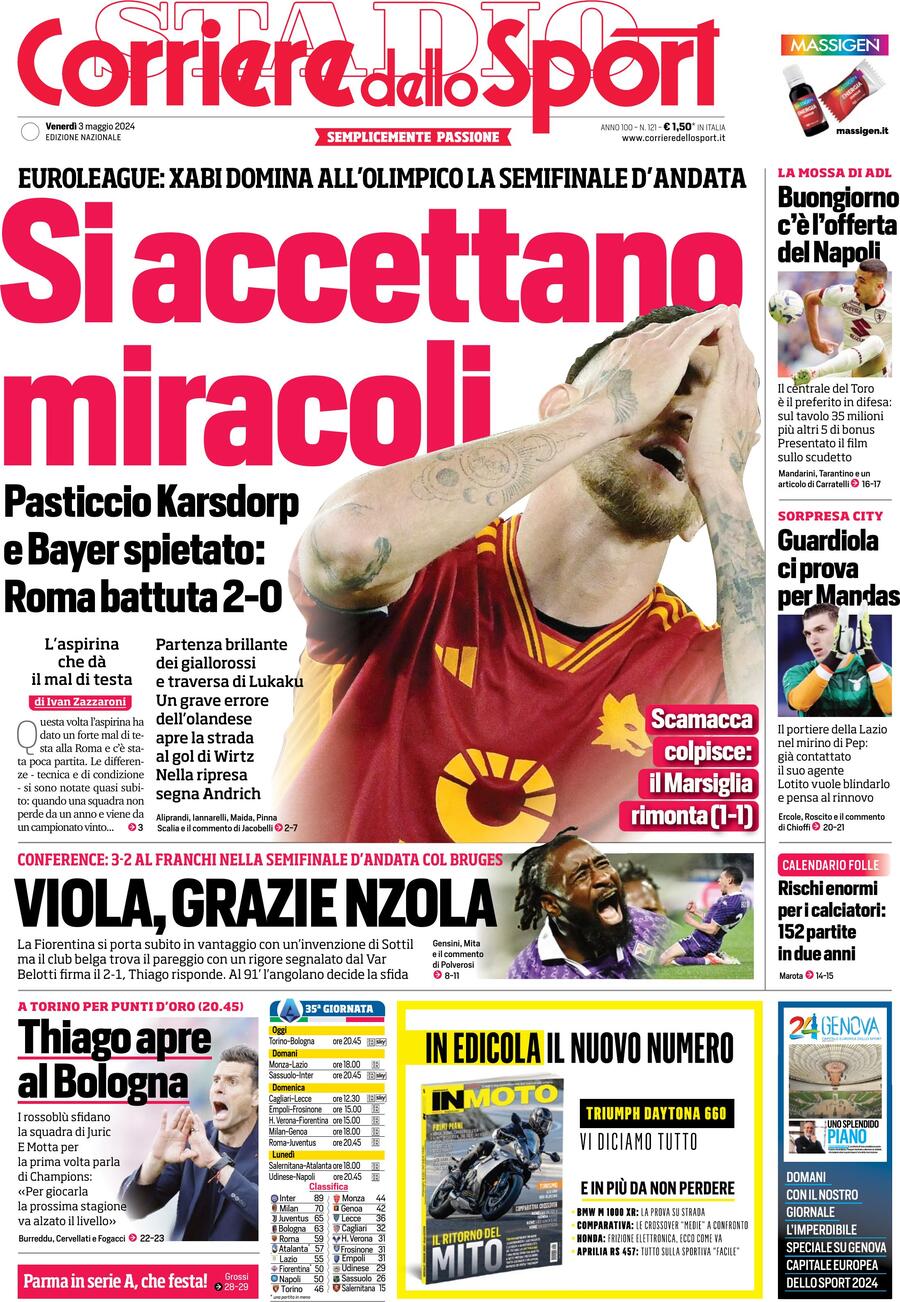 Corriere dello Sport prima pagina 
            Edizione di Oggi, Venerdì 03 Maggio 2024