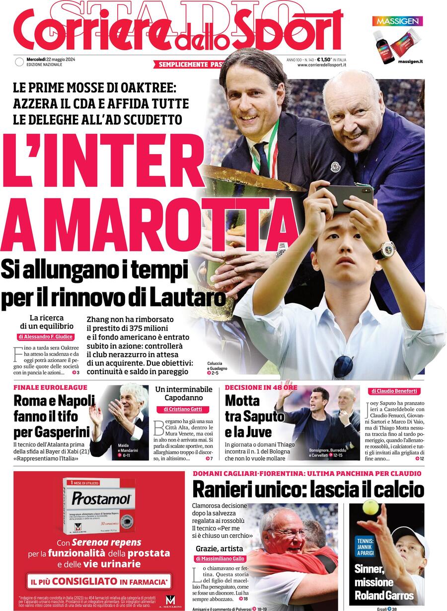 Corriere dello Sport prima pagina 
            Edizione di Oggi, Mercoledì 22 Maggio 2024