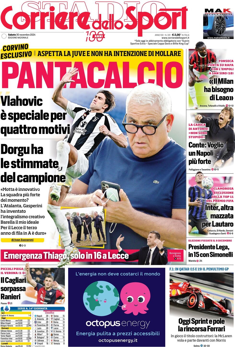 Corriere dello Sport prima pagina 
            Edizione di Oggi, Sabato 30 Novembre 2024