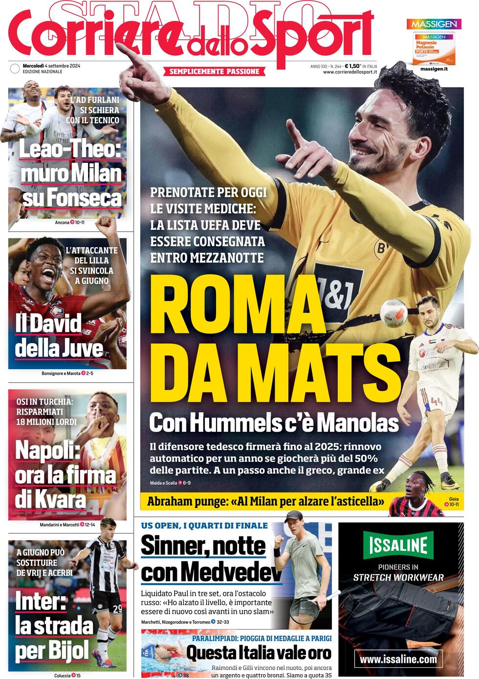 Corriere dello Sport prima pagina 
            Edizione di Oggi, Mercoledì 04 Settembre 2024