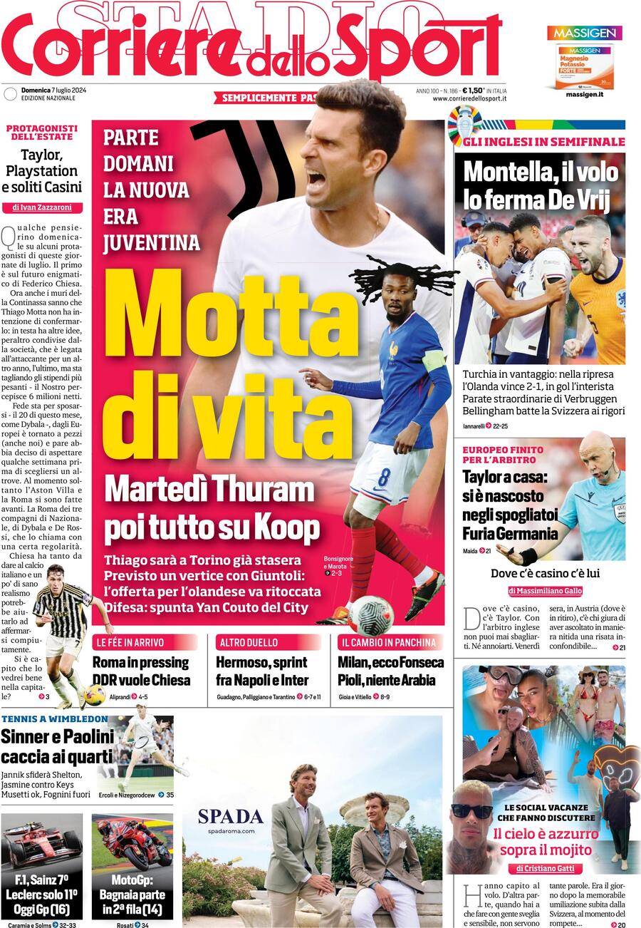 Corriere dello Sport prima pagina 
            Edizione di Oggi, Domenica 07 Luglio 2024