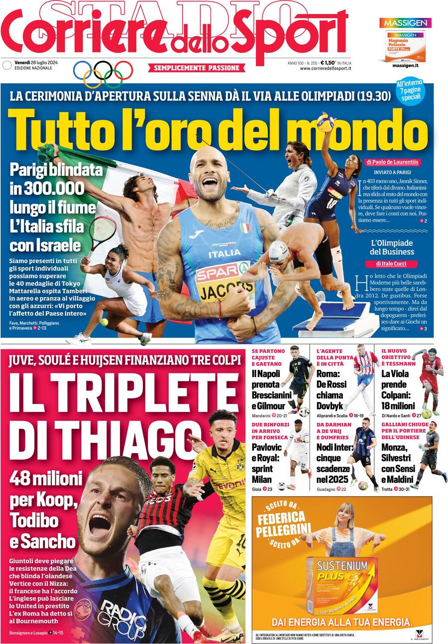 Corriere dello Sport prima pagina 
            Edizione di Oggi, Venerdì 26 Luglio 2024