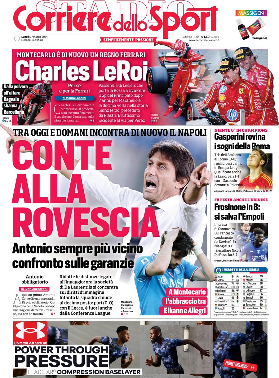 Corriere dello Sport prima pagina 
            Edizione di Oggi, Lunedì 27 Maggio 2024