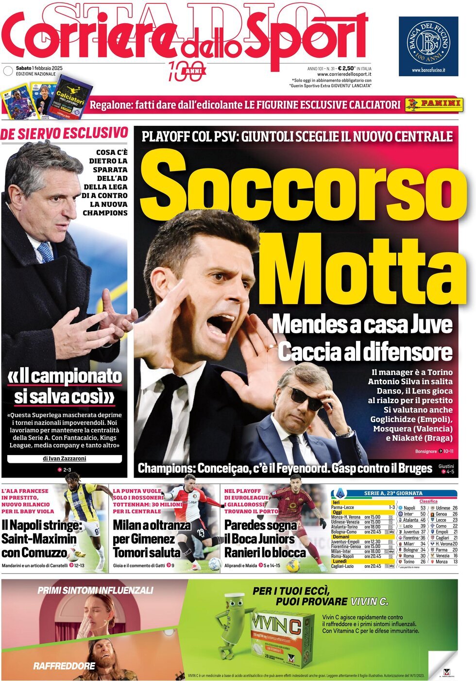 Corriere dello Sport prima pagina 
            Edizione di Oggi, Sabato 01 Febbraio 2025