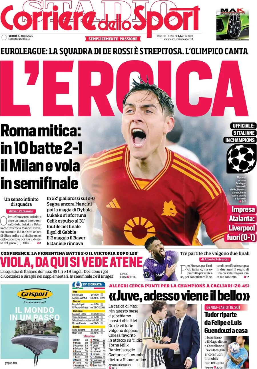 Corriere dello Sport prima pagina             Edizione di Oggi, Venerdì 19 Aprile 2024