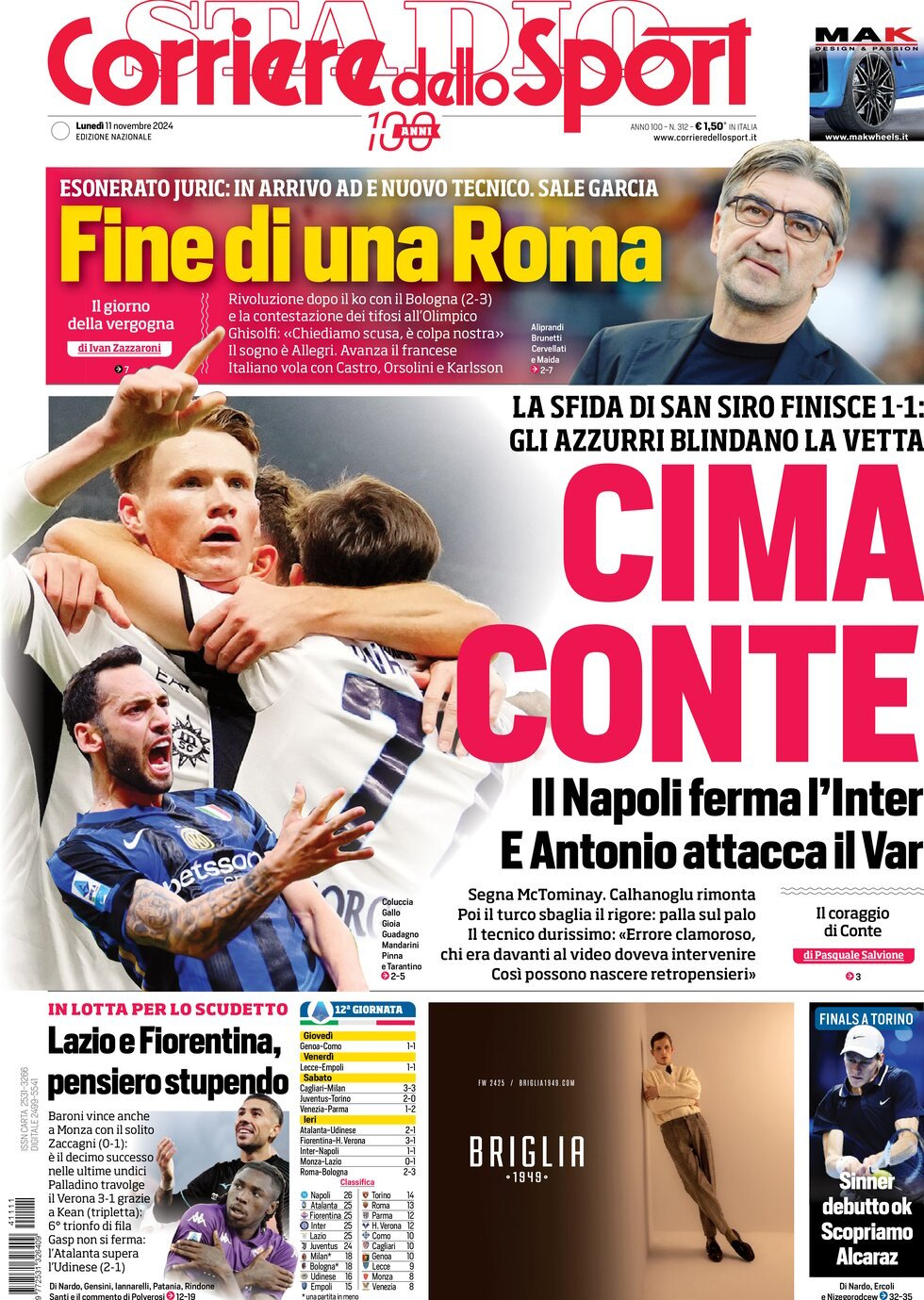 Corriere dello Sport prima pagina 
            Edizione di Oggi, Lunedì 11 Novembre 2024