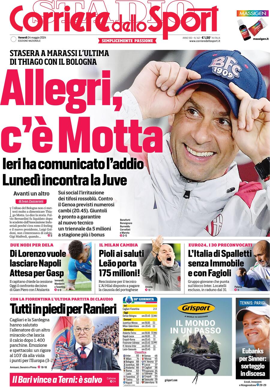 Corriere dello Sport prima pagina 
            Edizione di Oggi, Venerdì 24 Maggio 2024