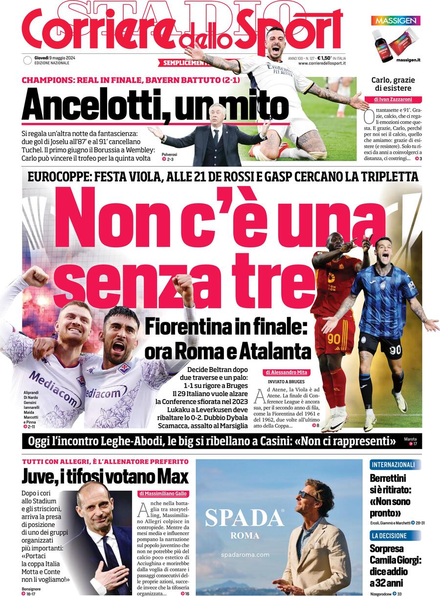 Corriere dello Sport prima pagina 
            Edizione di Oggi, Giovedì 09 Maggio 2024