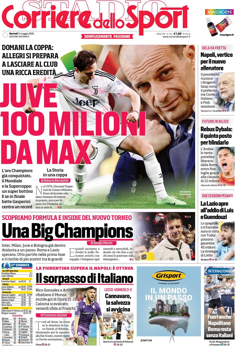 Corriere dello Sport prima pagina 
            Edizione di Oggi, Martedì 14 Maggio 2024