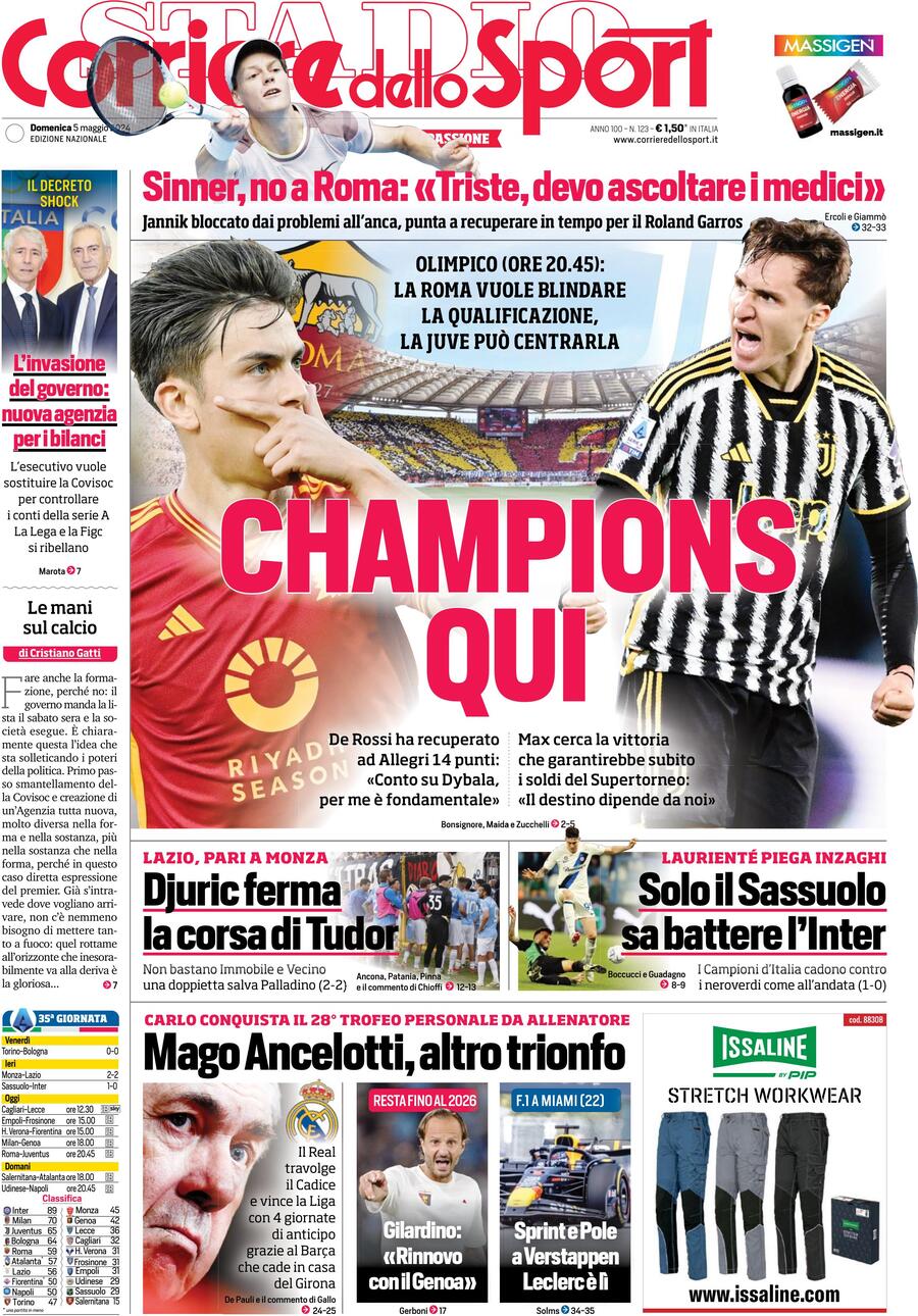 Corriere dello Sport prima pagina 
            Edizione di Oggi, Domenica 05 Maggio 2024