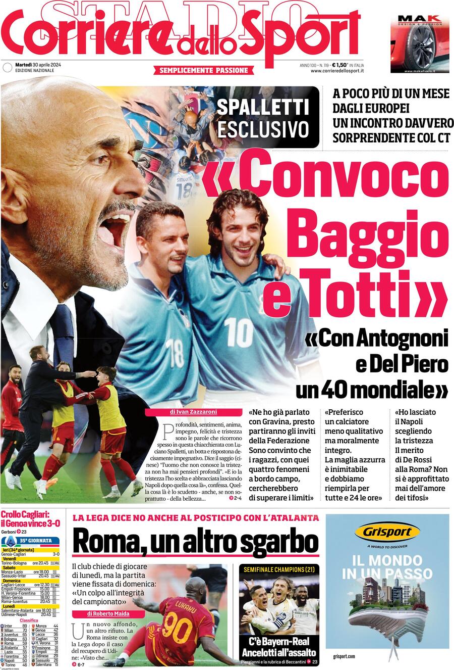 Corriere dello Sport prima pagina 
            Edizione di Oggi, Martedì 30 Aprile 2024