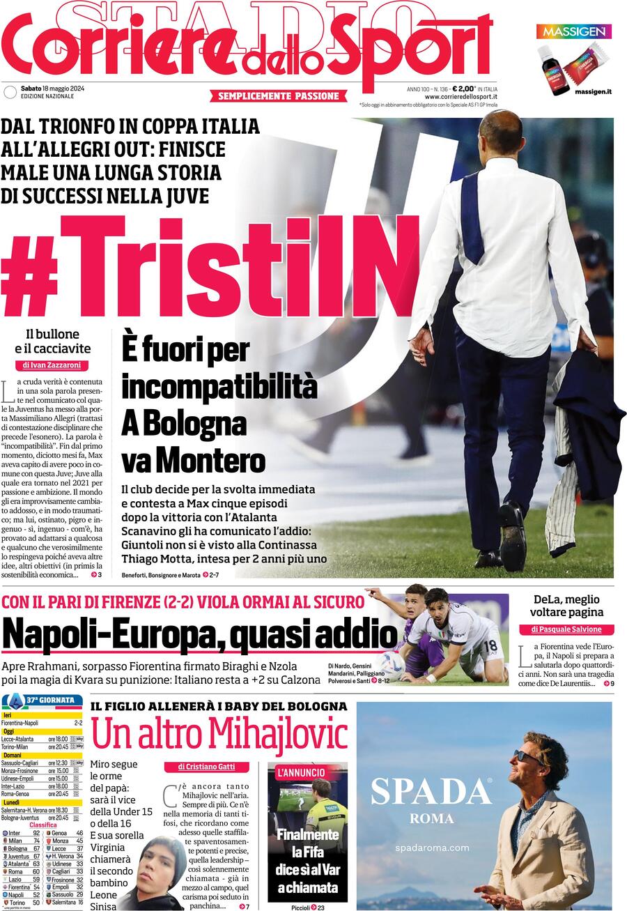 Corriere dello Sport prima pagina 
            Edizione di Oggi, Sabato 18 Maggio 2024