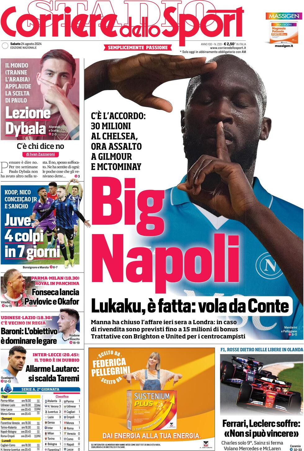 Corriere dello Sport: Prima pagina di oggi, Sabato 24 Agosto 2024