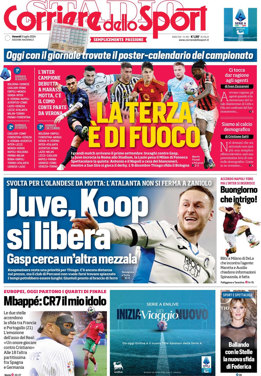 Corriere dello Sport Prima Pagina – Edizione di Oggi, Venerdì 05 Luglio 2024