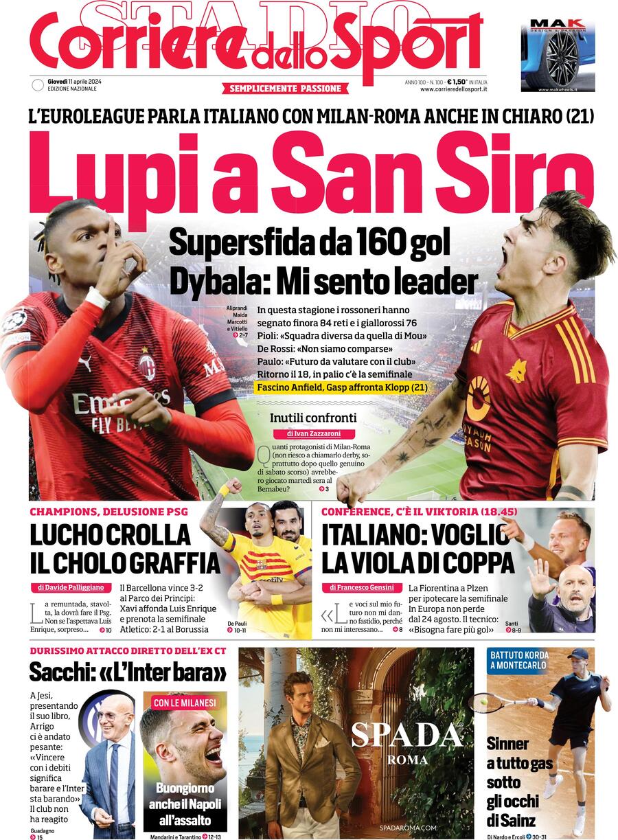 Prima pagina del Corriere dello Sport: Edizione di Oggi, Giovedì 11 Aprile 2024