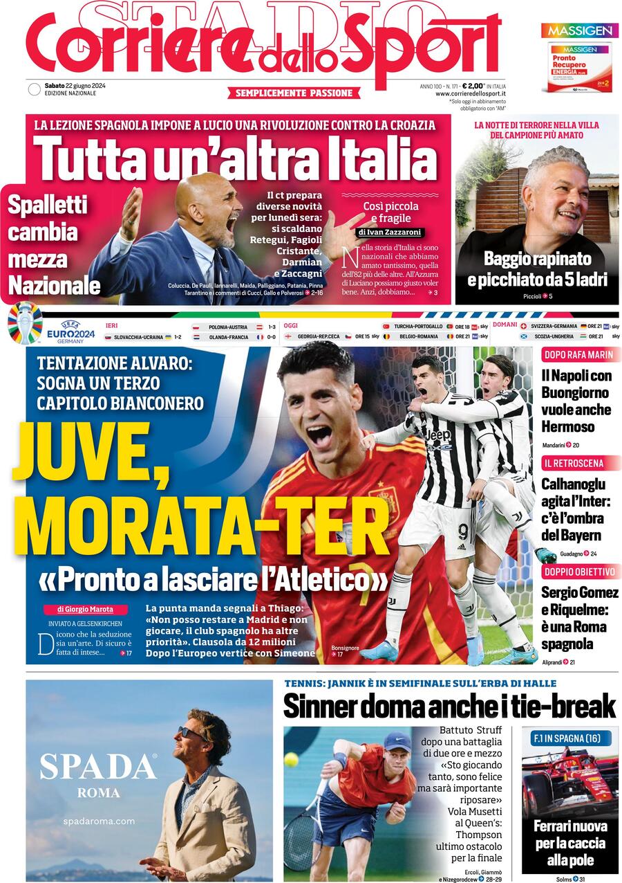 Corriere dello Sport Prima Pagina: Edizione di Oggi, Sabato 22 Giugno 2024