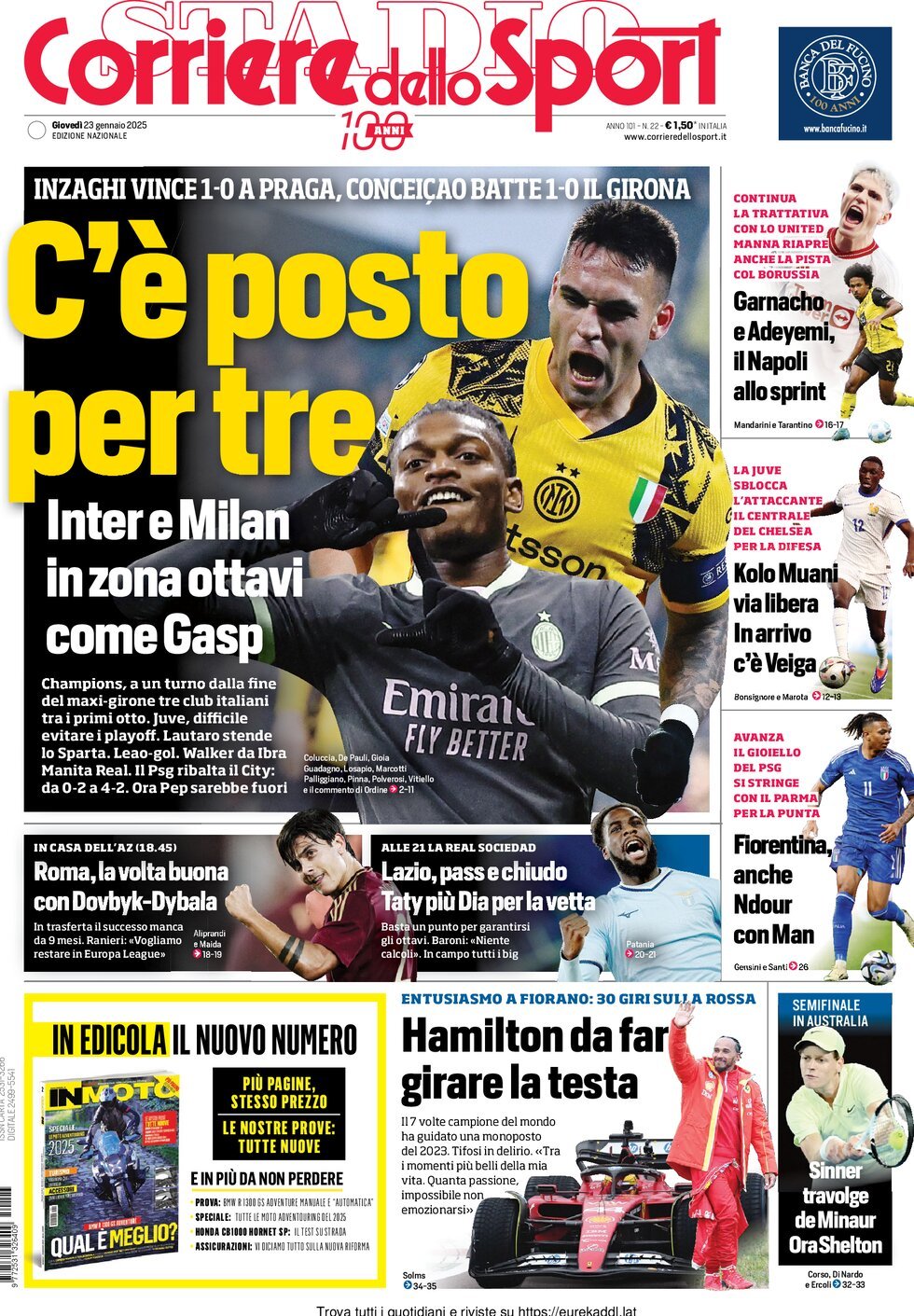 Corriere dello Sport prima pagina 
            Edizione di Oggi, Giovedì 23 Gennaio 2025