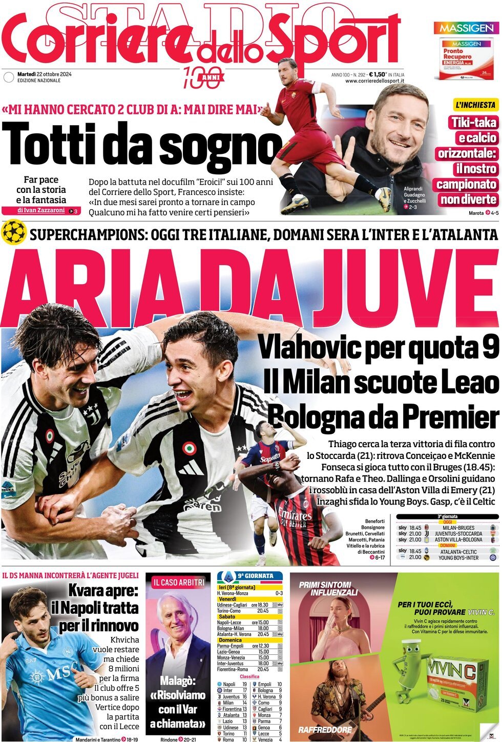 Corriere dello Sport prima pagina 
            Edizione di Oggi, Martedì 22 Ottobre 2024