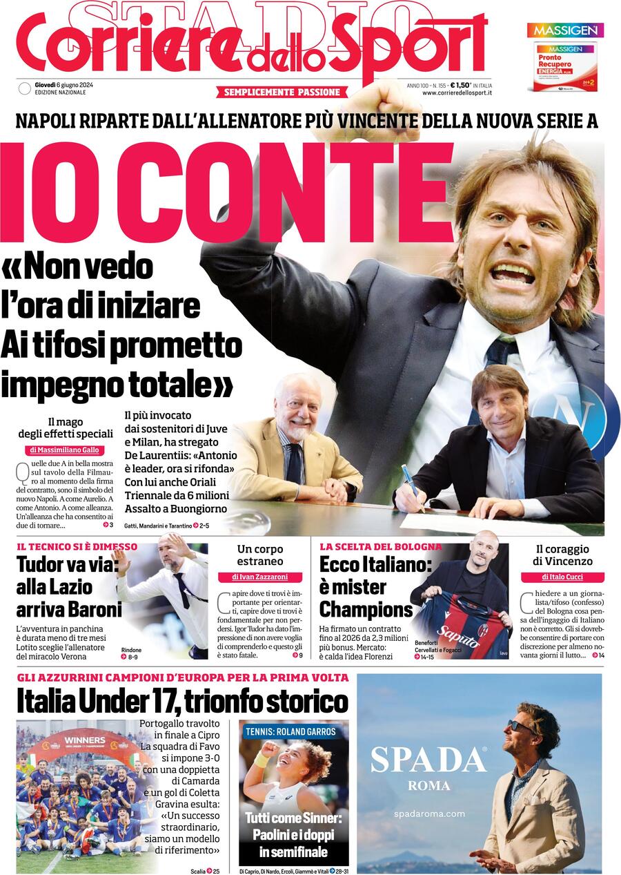 Corriere dello Sport prima pagina 
            Edizione di Oggi, Giovedì 06 Giugno 2024