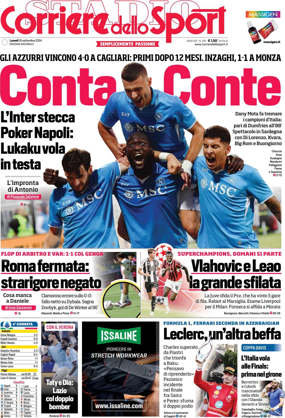 Corriere dello Sport prima pagina 
            Edizione di Oggi, Lunedì 16 Settembre 2024