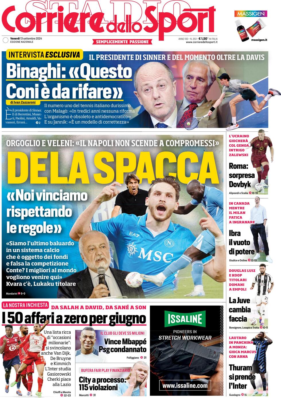 Corriere dello Sport prima pagina 
            Edizione di Oggi, Sabato 14 Settembre 2024