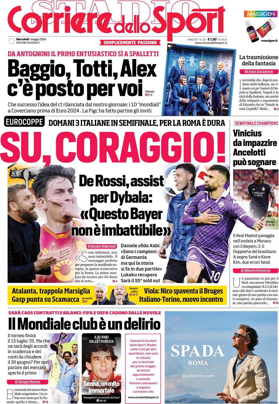 Corriere dello Sport prima pagina 
            Edizione di Ieri, Mercoledì 01 Maggio 2024