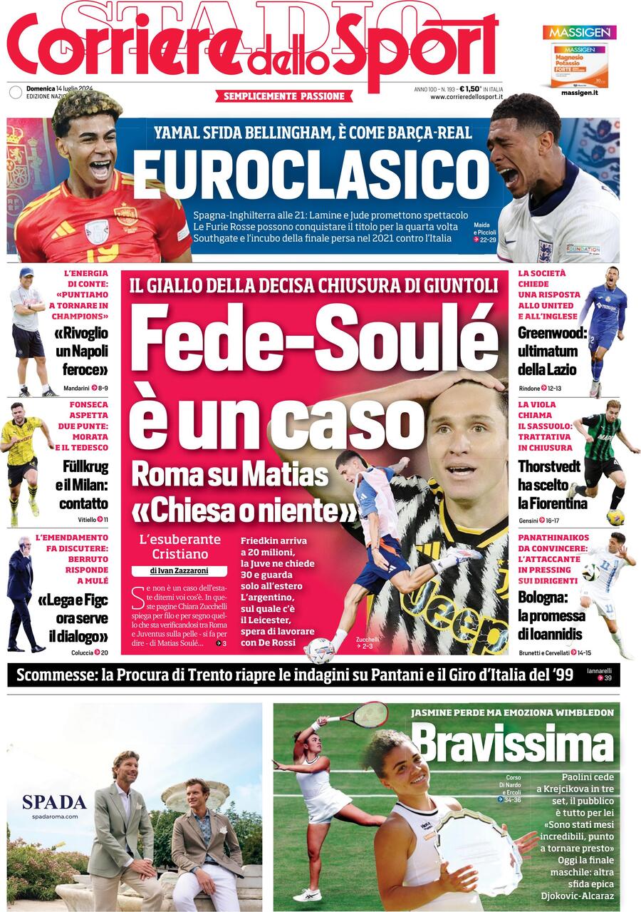 Corriere dello Sport Prima Pagina: Edizione di Oggi, Domenica 14 Luglio 2024