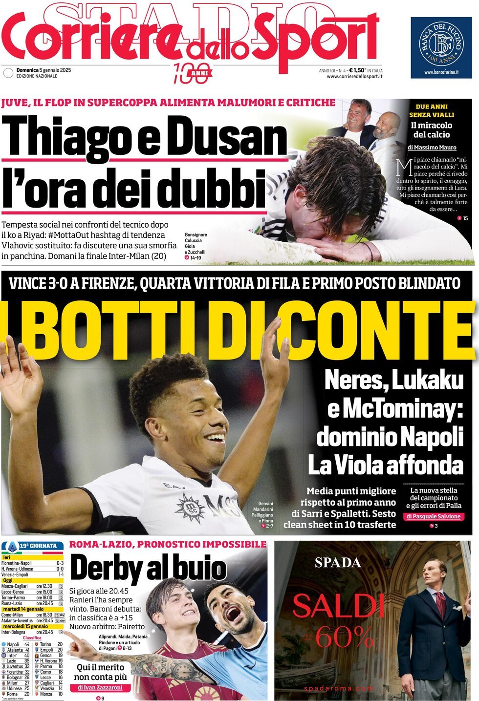 Corriere dello Sport prima pagina 
            Edizione di Oggi, Domenica 05 Gennaio 2025