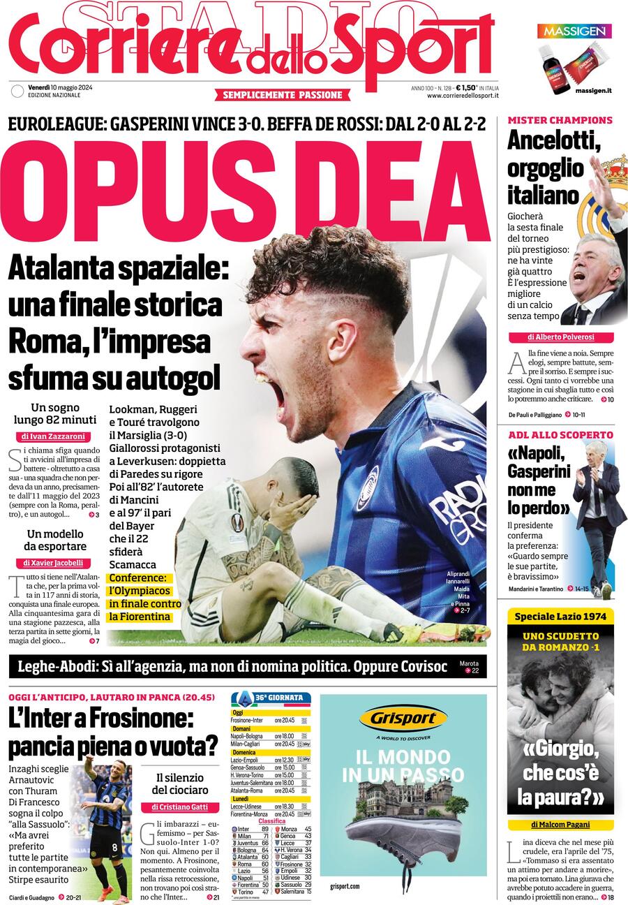 Corriere dello Sport: Prima Pagina dell’Edizione di Oggi, Venerdì 10 Maggio 2024