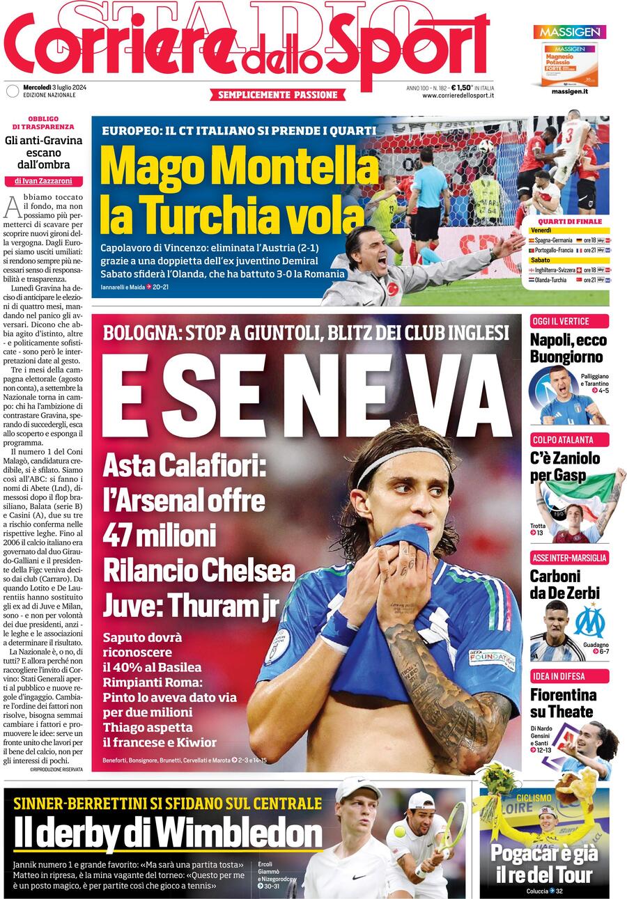 Corriere dello Sport Prima Pagina: Edizione di Oggi, Mercoledì 03 Luglio 2024