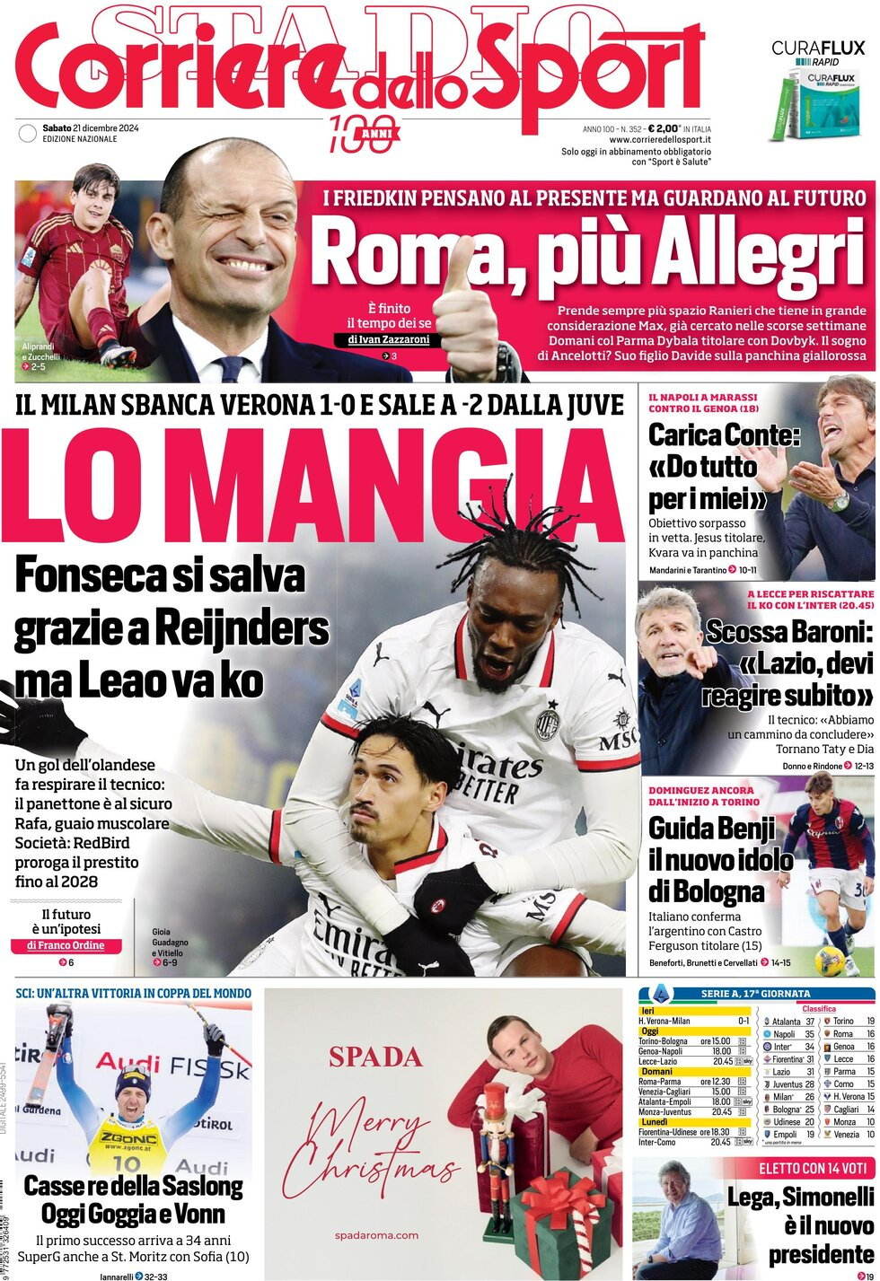 Corriere dello Sport prima pagina 
            Edizione di Oggi, Domenica 22 Dicembre 2024