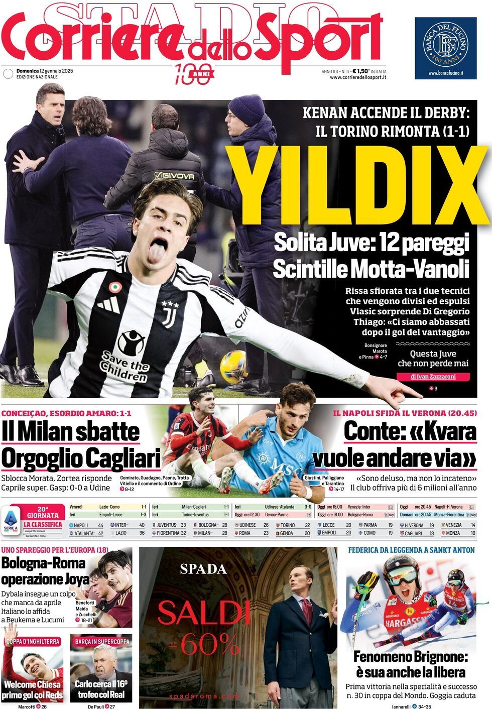 Corriere dello Sport prima pagina 
            Edizione di Oggi, Domenica 12 Gennaio 2025