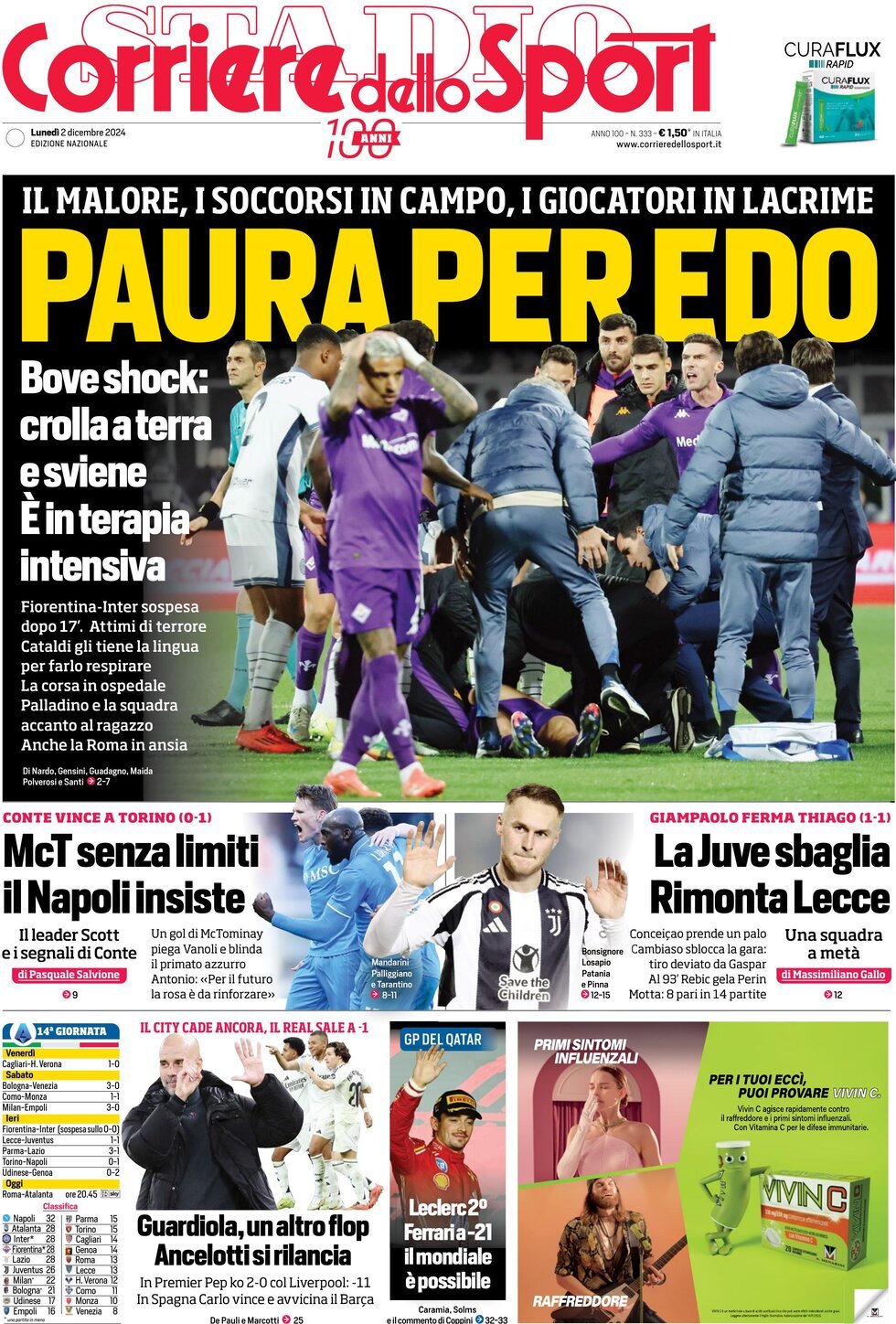 Corriere dello Sport prima pagina 
            Edizione di Oggi, Lunedì 02 Dicembre 2024