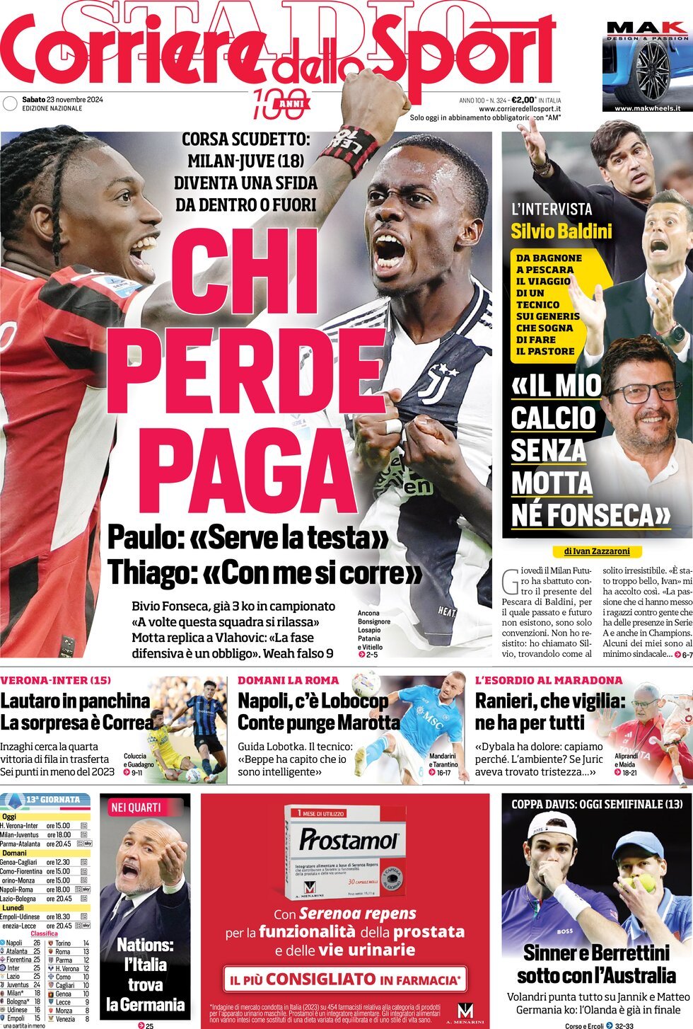 Corriere dello Sport prima pagina 
            Edizione di Oggi, Sabato 23 Novembre 2024