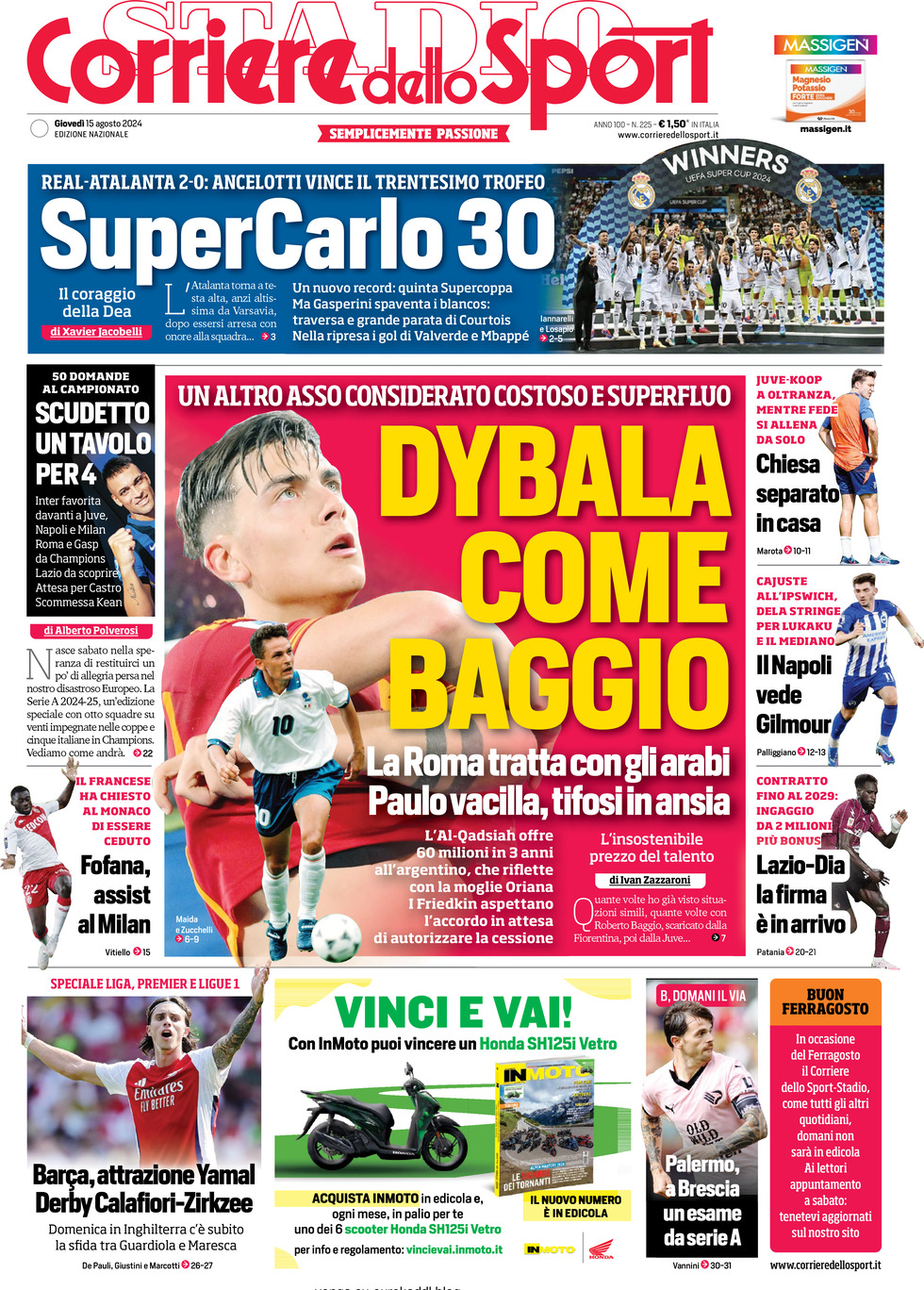 Corriere dello Sport Prima Pagina: Edizione di Ieri, Giovedì 15 Agosto 2024