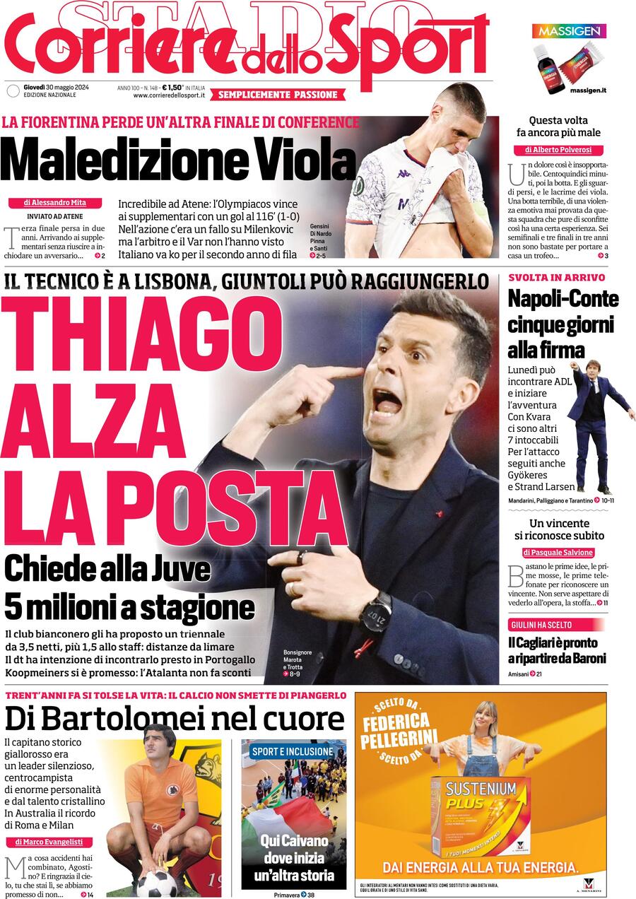 Corriere dello Sport prima pagina 
            Edizione di Oggi, Giovedì 30 Maggio 2024