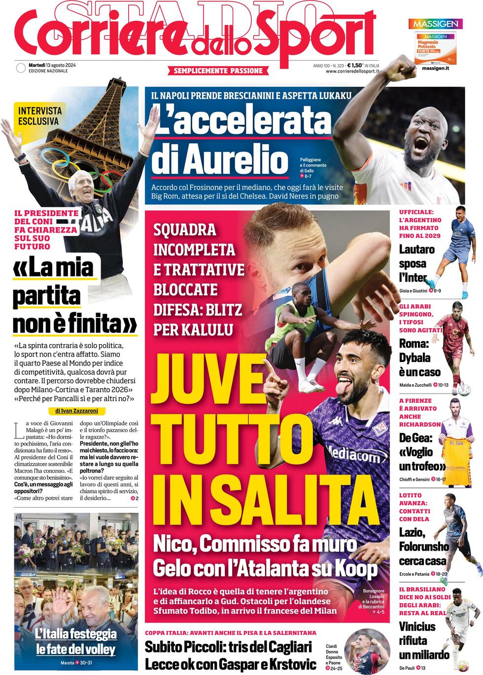 Corriere dello Sport prima pagina 
            Edizione di Oggi, Mercoledì 14 Agosto 2024