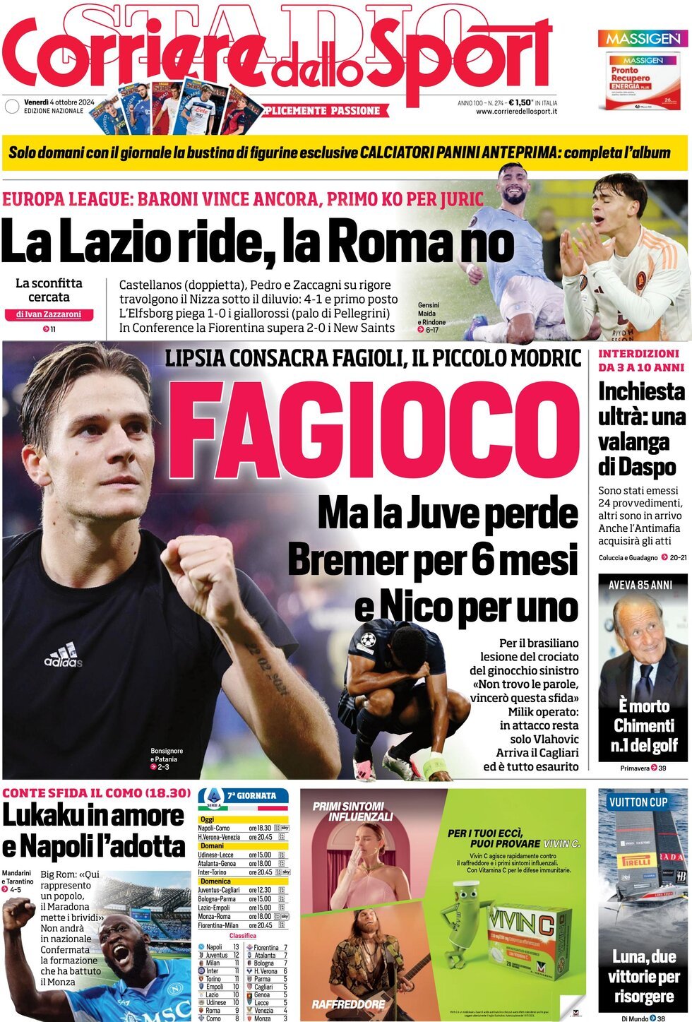 Corriere dello Sport prima pagina 
            Edizione di Oggi, Venerdì 04 Ottobre 2024