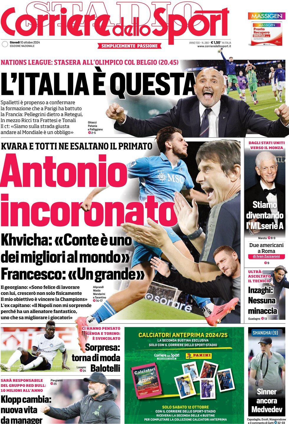 Corriere dello Sport prima pagina 
            Edizione di Oggi, Giovedì 10 Ottobre 2024