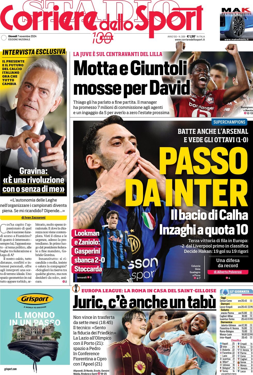 Corriere dello Sport prima pagina 
            Edizione di Oggi, Giovedì 07 Novembre 2024