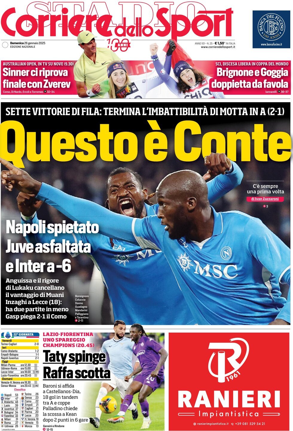 Corriere dello Sport prima pagina 
            Edizione di Oggi, Domenica 26 Gennaio 2025