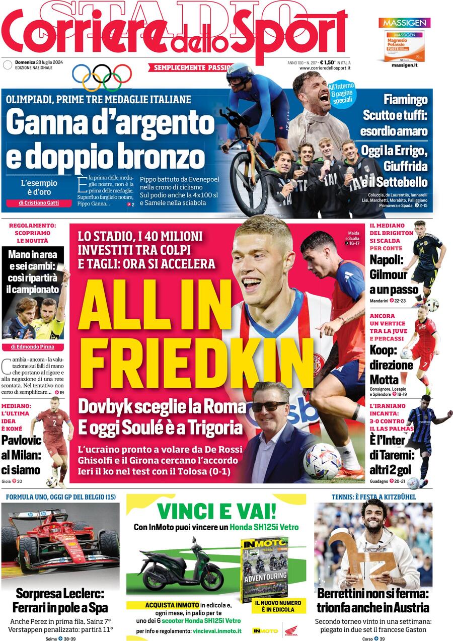 Corriere dello Sport prima pagina 
            Edizione di Oggi, Domenica 28 Luglio 2024