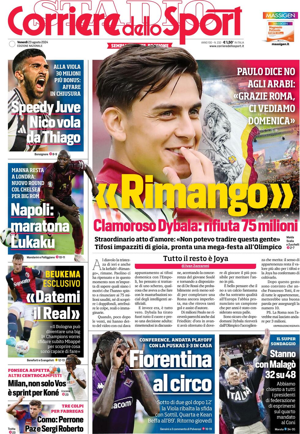 Corriere dello Sport Prima Pagina – Edizione di Oggi, Venerdì 23 Agosto 2024