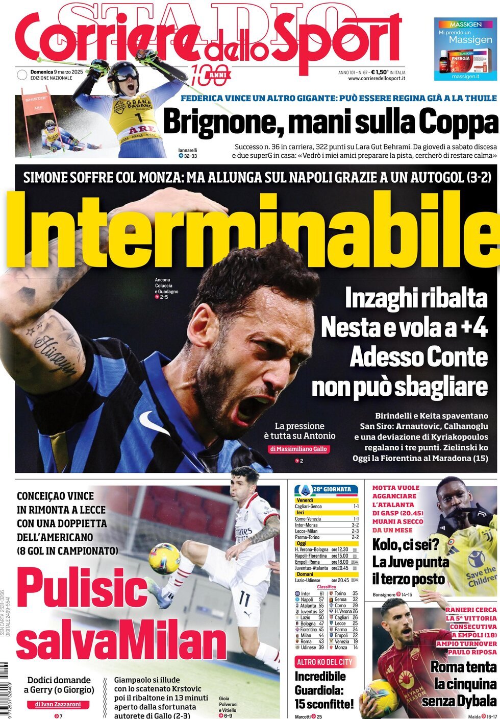 Corriere dello Sport prima pagina 
            Edizione di Oggi, Domenica 09 Marzo 2025