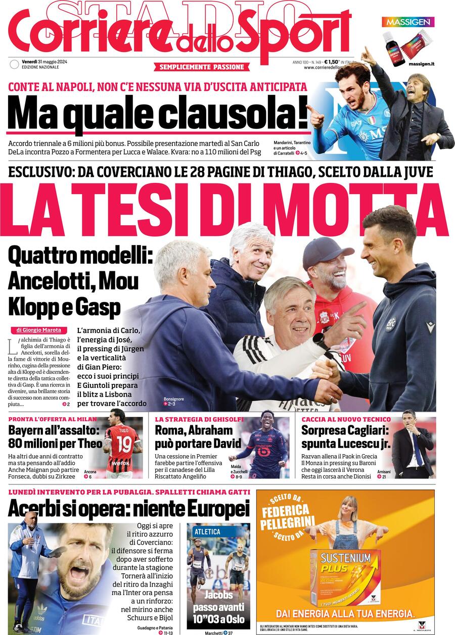 Corriere dello Sport prima pagina 
            Edizione di Oggi, Venerdì 31 Maggio 2024